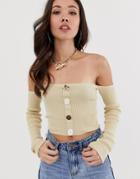 Asos Design Off Shoulder Sweater With Mixed Button Detail - Stone