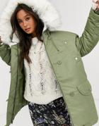 Asos Design Luxe Parka With Faux Fur Lining In Sage-green