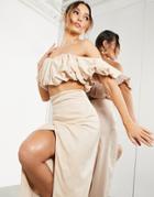 Asos Edition Puffball Off Shoulder Top In Stone - Part Of A Set-neutral