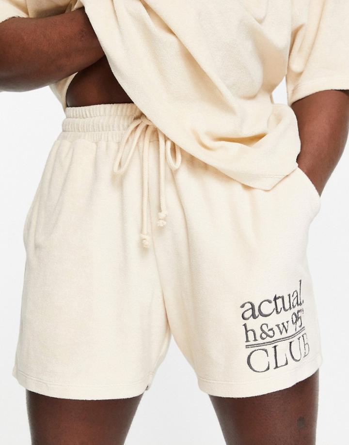 Asos Actual Shorts In Terry With Health And Well-being Club Logo In Cream - Part Of A Set-white