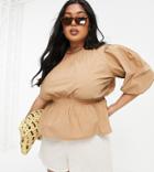Vero Moda Curve Aware Organic Cotton One Shoulder Poplin Top In Camel-brown
