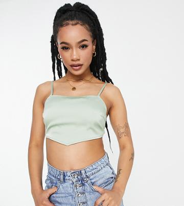 Lola May Petite Satin Tie Back Crop Top In Sage Green