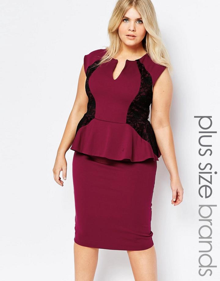Goddiva Plus Pencil Dress With Peplum And Lace Insert - Wine