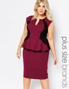 Goddiva Plus Pencil Dress With Peplum And Lace Insert - Wine