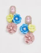 Asos Design Earrings With Jewel Stud And Painted Colorful Floral Drop - Multi