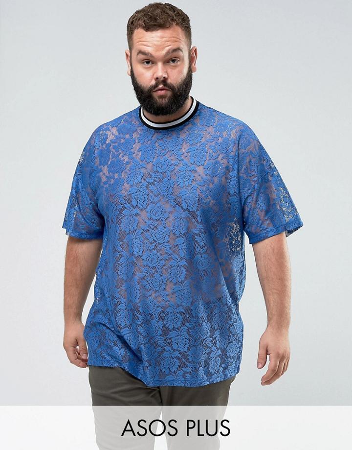 Asos Plus Oversized T-shirt In Lace In Blue - Blue