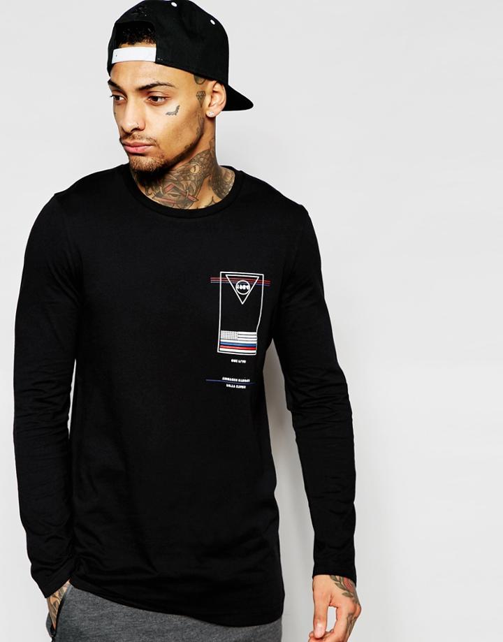 Asos Longline Long Sleeve T-shirt With Flag Chest Print - Black