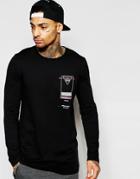 Asos Longline Long Sleeve T-shirt With Flag Chest Print - Black