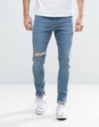 Asos Super Skinny Jeans With Thigh Rip In Mid Blue - Blue