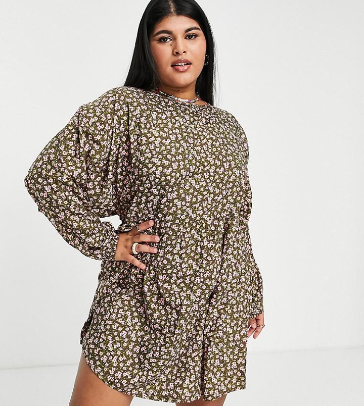 Daisy Street Plus Mini Smock Dress In Grunge Ditsy Floral-brown
