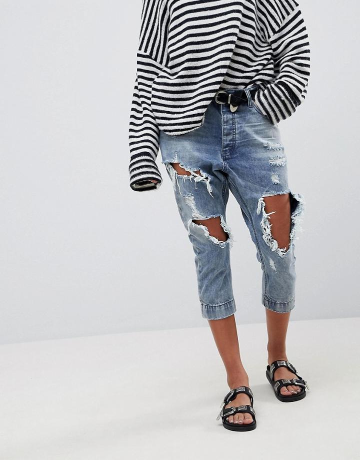 One Teaspoon Kingpins Cropped Boyfriend Jean With Extreme Distressing - Blue
