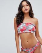 Asos Mono Lace Rose Print Ruched Bandeau Bikini Top - Multi