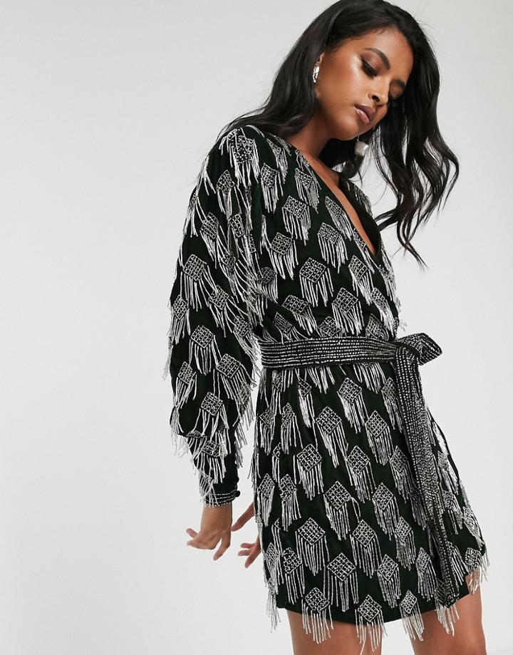 Asos Edition Beaded Tassel Velvet Wrap Dress-green
