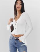 Asos Design Long Sleeve Top With Tie Front And Ruffle Detail In Cream - White