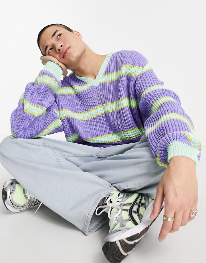 Asos Design Knitted Sweater In Yellow & Purple Stripe