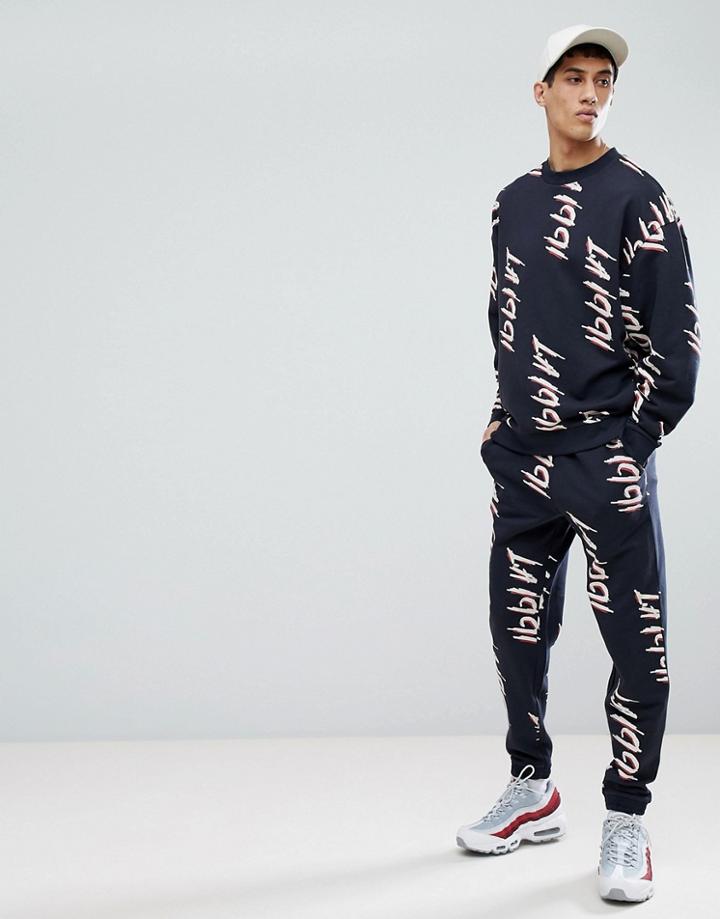 Asos Tracksuit Oversized Sweatshirt/slim Joggers With Graffiti Print In Navy - Navy