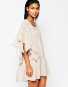Moon River Oversized Smock Dress With Lace Tie - Light Peach