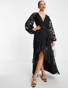 Asos Design Satin Jacquard Warped Spot Wrap Maxi Dress With Tie Waist-black