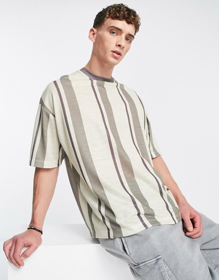 Asos Design Oversized Vertical Stripe T-shirt In Neutrals-brown