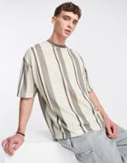Asos Design Oversized Vertical Stripe T-shirt In Neutrals-brown