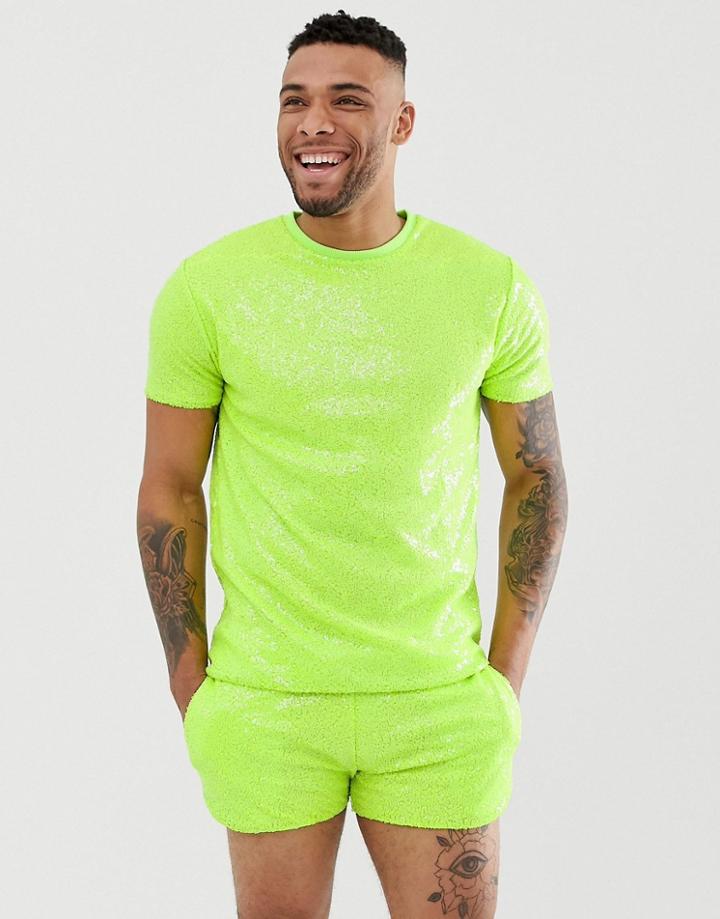 Asos Design Festival Two-piece Relaxed T-shirt In Neon Sequins-green