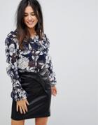 Ax Paris Long Sleeve Floral Chiffon Top - Navy