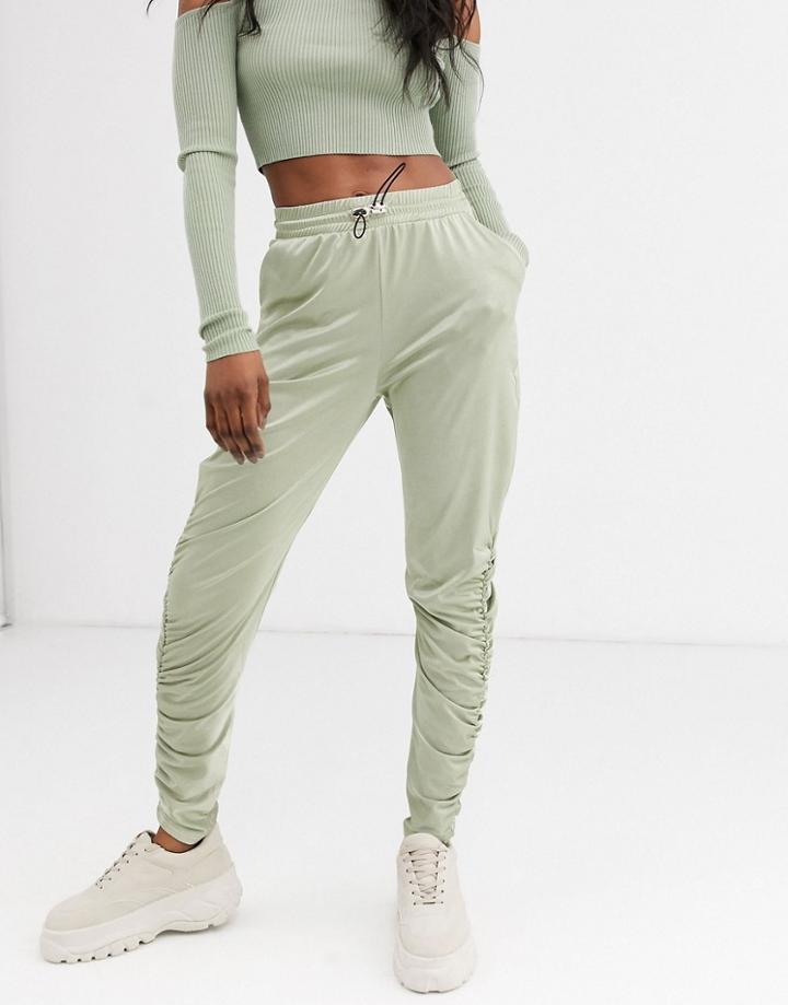 Asos Design Satin Jogger With Ruche Detail-green