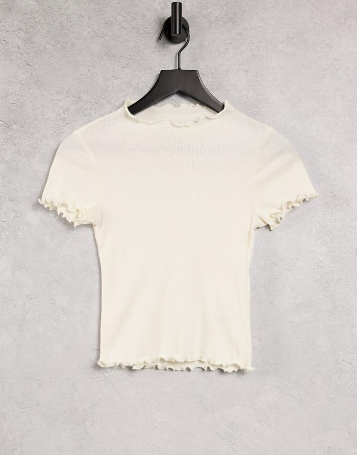 Monki Nova Cotton Lettuce Hem T-shirt In Off White - White - White
