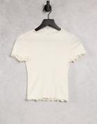 Monki Nova Cotton Lettuce Hem T-shirt In Off White - White - White