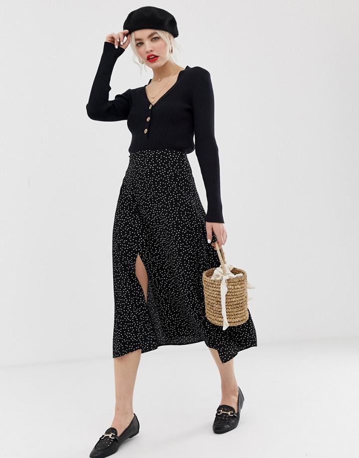 New Look Skirt With Split Side In Polka Dot - Black