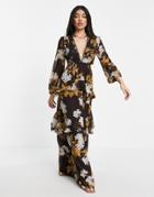 Asos Design Maxi Dress With Long Sleeve And Circle Trim In Floral Print And Embellishment In Chocolate Hydrangea Print-multi
