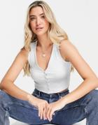 Miss Selfridge Space Dye Sleeveless Ribbed Button Through Tank Top In Blue