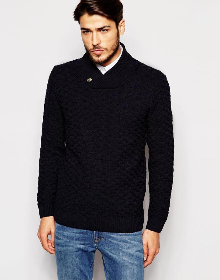 Asos Shawl Neck Sweater With Textured Knit - Navy