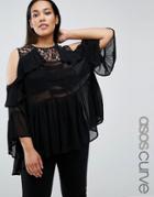 Asos Curve Cold Shoulder Tiered Ruffle Blouse With Lace Insert - Black