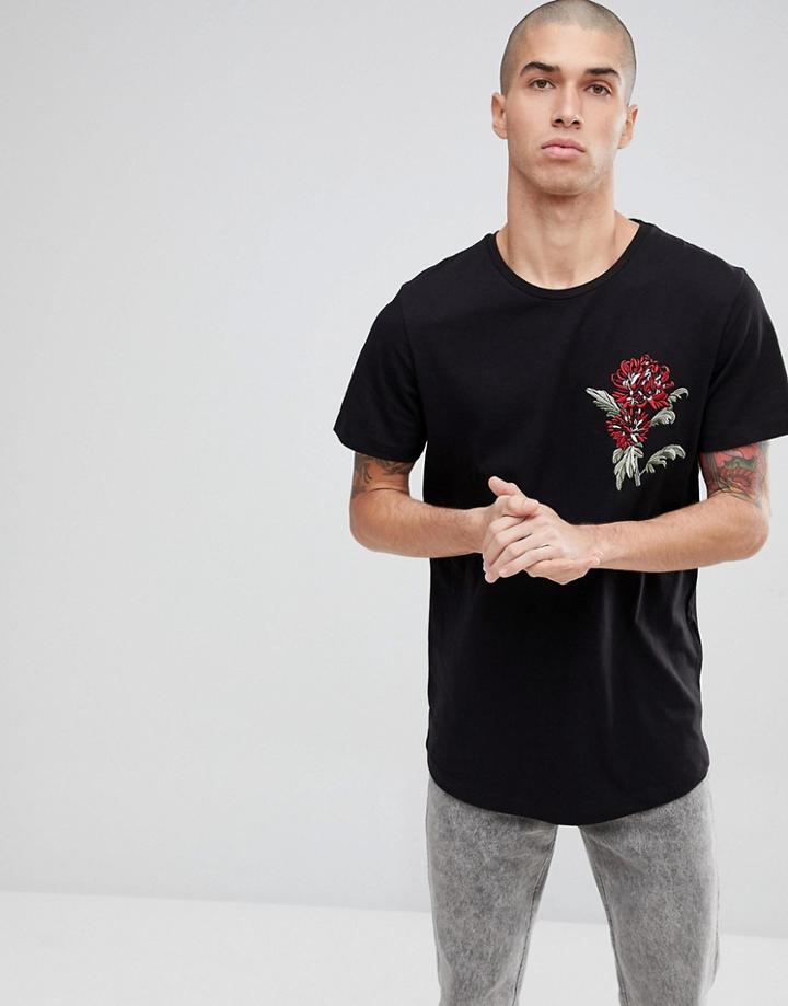 Jack & Jones Originals Longline T-shirt With Embroided Rose - Black