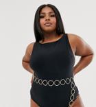 Figleaves Curve High Neck Swimsuit With Plunge Back With Statement Gold Belt In Black