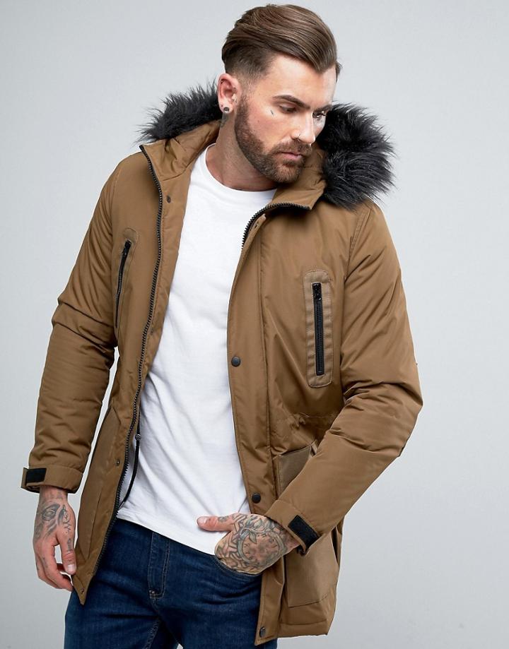 Asos Design Parka Jacket With Faux Fur Trim In Tobacco - Brown