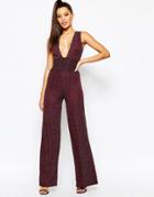Missguided Metallic Plunge Neck Wide Leg Glamour Jumpsuit - Aubergine