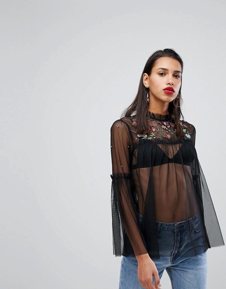 Neon Rose Trophy Blouse In Embellished Mesh - Black