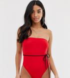 Asos Design Recycled Petite Clean Bandeau Swimsuit In Redcoat Red - Red