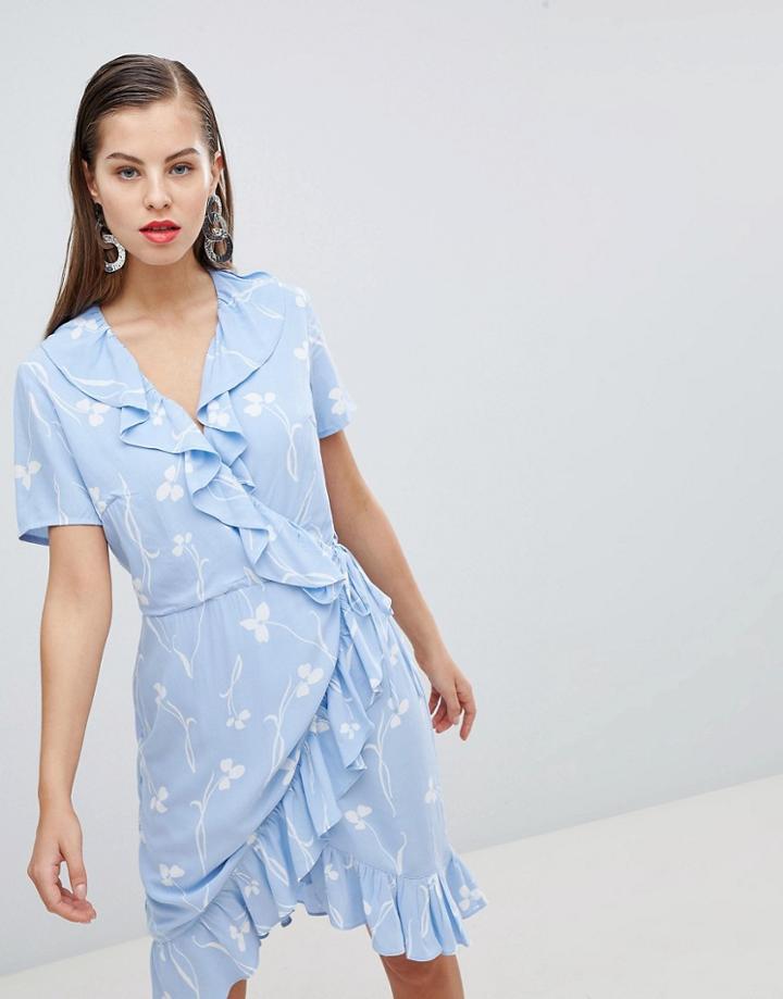 Y.a.s Clover Print Mini Wrap Dress In Blue