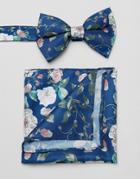 Asos Design Bow Tie And Pocket Square In Blue Floral - Blue