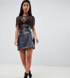 Asos Design Petite Leather Look A-line Mini Skirt With Asymmetric Belt - Black