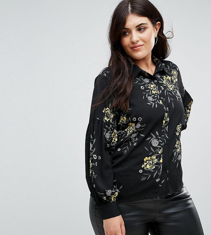 Fashion Union Plus Balloon Sleeve Shirt In Bold Floral Bloom Print - Black