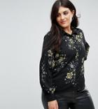Fashion Union Plus Balloon Sleeve Shirt In Bold Floral Bloom Print - Black