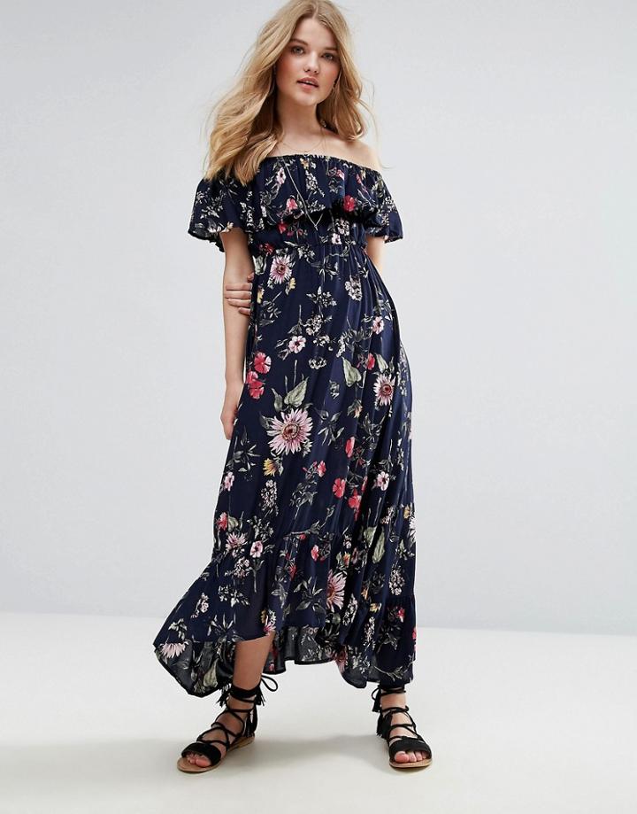 Qed London Bardot Floral Print Maxi Dress - Navy