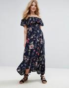 Qed London Bardot Floral Print Maxi Dress - Navy