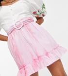 Asos Design Petite Flippy Cotton Mini Skirt With Belt Detail In Pink Tie Dye Print-multi