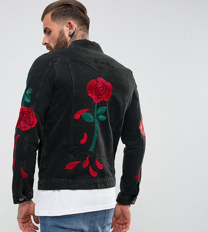 Liquor N Poker Denim Roses Embroidered Washed Black Denim Jacket - Black