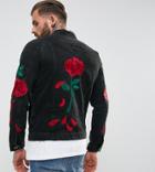 Liquor N Poker Denim Roses Embroidered Washed Black Denim Jacket - Black